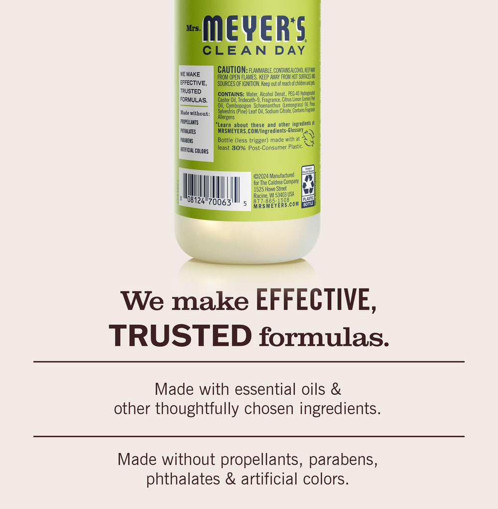 Mrs. Meyer's non-aerosol spray demonstrates easy, safe room refresh.