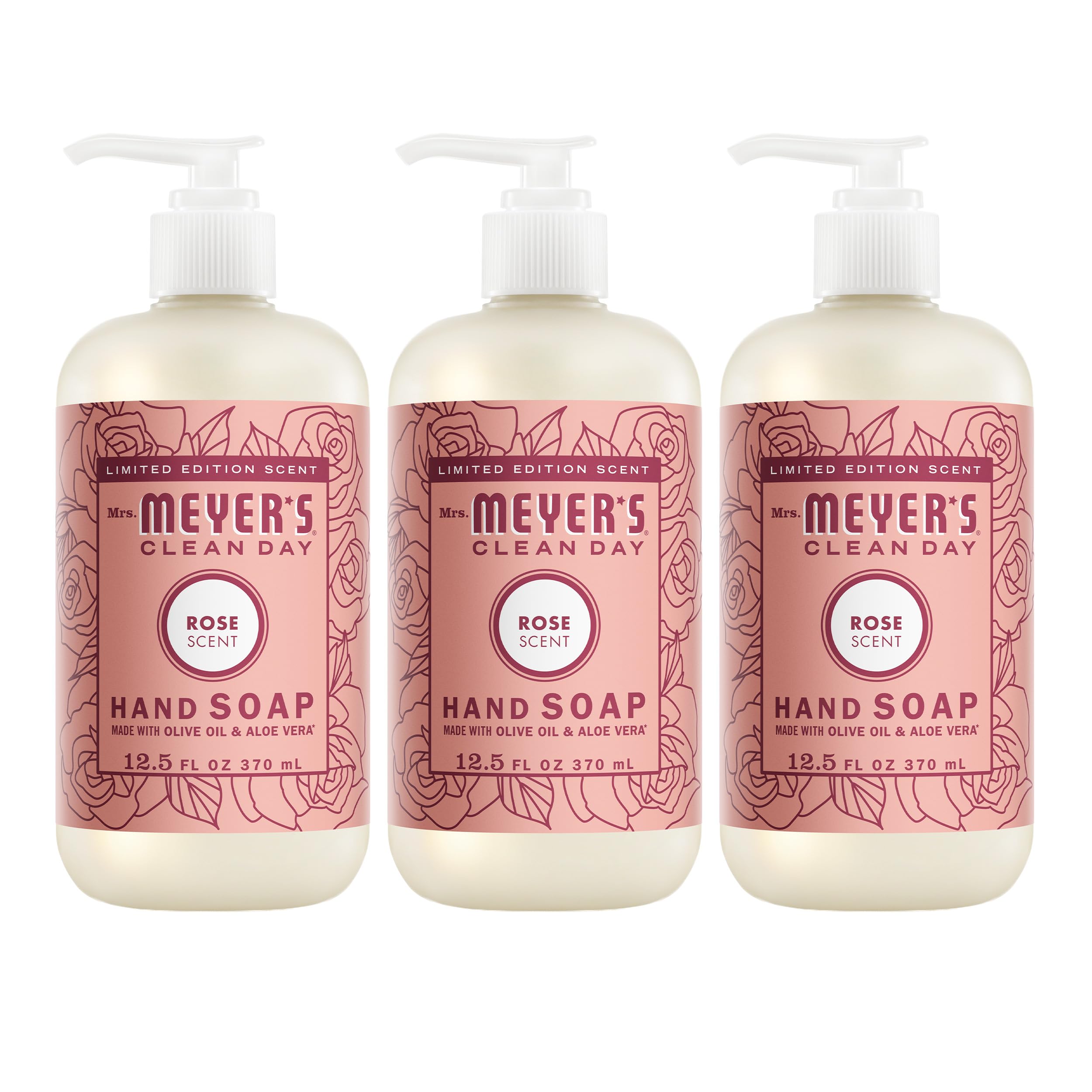 Mrs. Meyer's Clean Day Rose hand soap bottle highlights a fresh rose scent for daily hand washing.