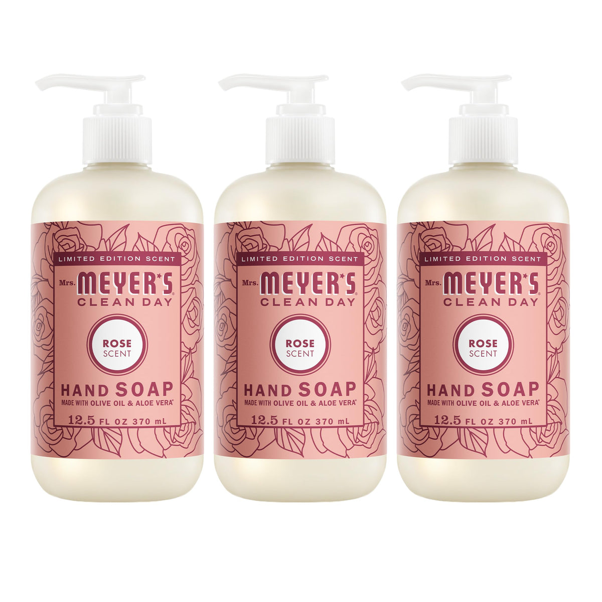 Mrs. Meyer's Clean Day Rose hand soap bottle highlights a fresh rose scent for daily hand washing.