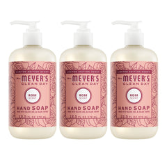 Mrs. Meyer's Clean Day Rose hand soap bottle highlights a fresh rose scent for daily hand washing.
