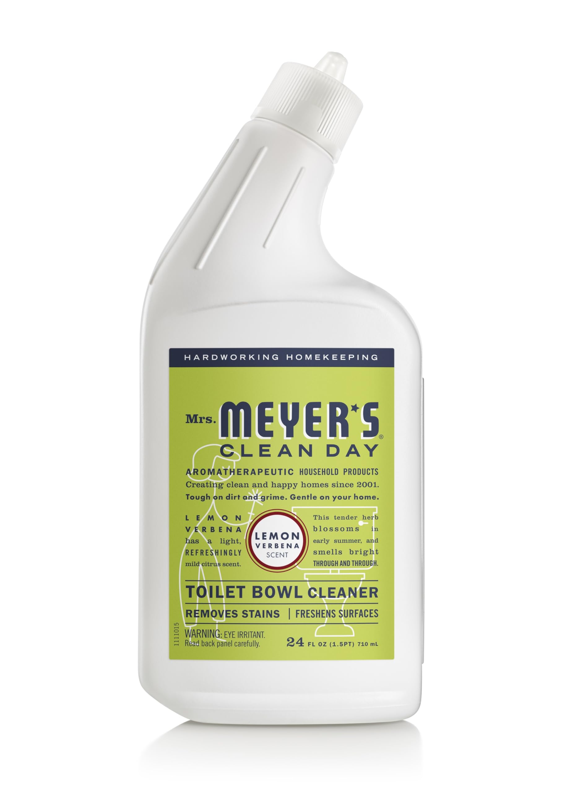 Mrs. Meyer's Lemon Verbena bottle front shows fresh citrus scent for bathroom cleaning