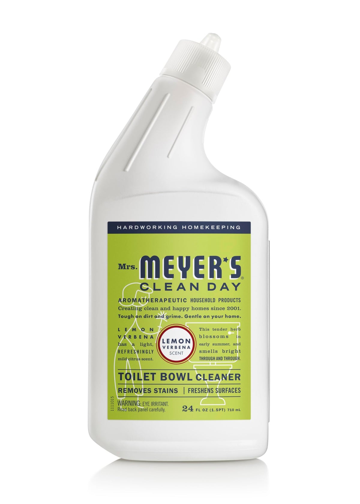 Mrs. Meyer's Lemon Verbena bottle front shows fresh citrus scent for bathroom cleaning