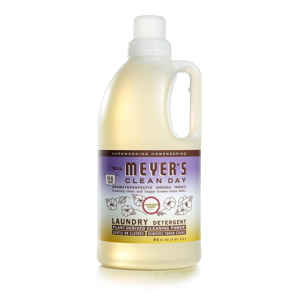 Mrs. Meyer's Compassion Flower bottle close-up highlighting a fragrant, refreshing laundry scent.