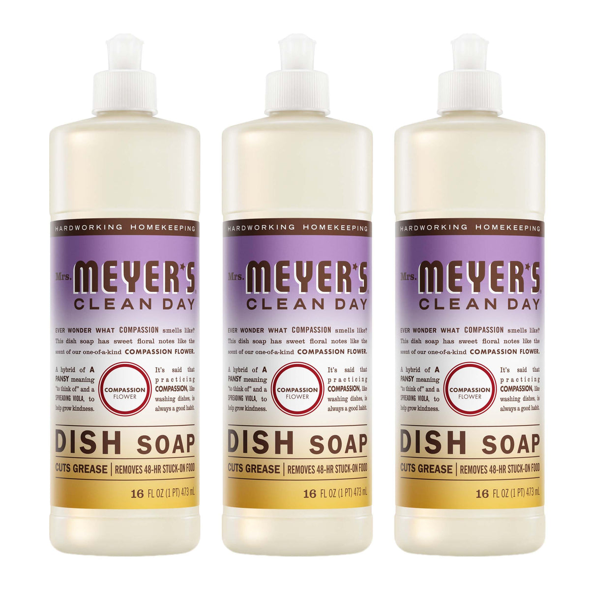 Mrs. Meyer's Compassion Flower dish soap 3-pack packaging ready for convenient kitchen cleaning.
