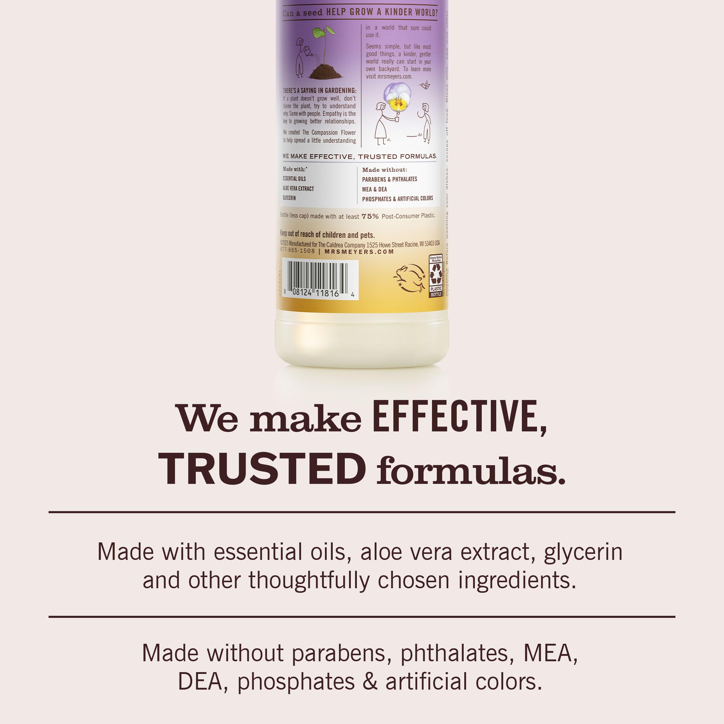 Close-up of the Compassion Flower label on Mrs. Meyer's dish soap highlighting plant-based ingredients.
