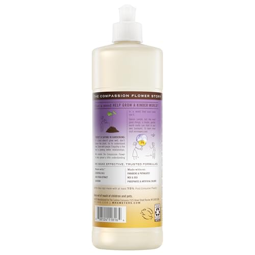 Pouring Mrs. Meyer's Compassion Flower dish soap for quick, grease-cutting cleaning.