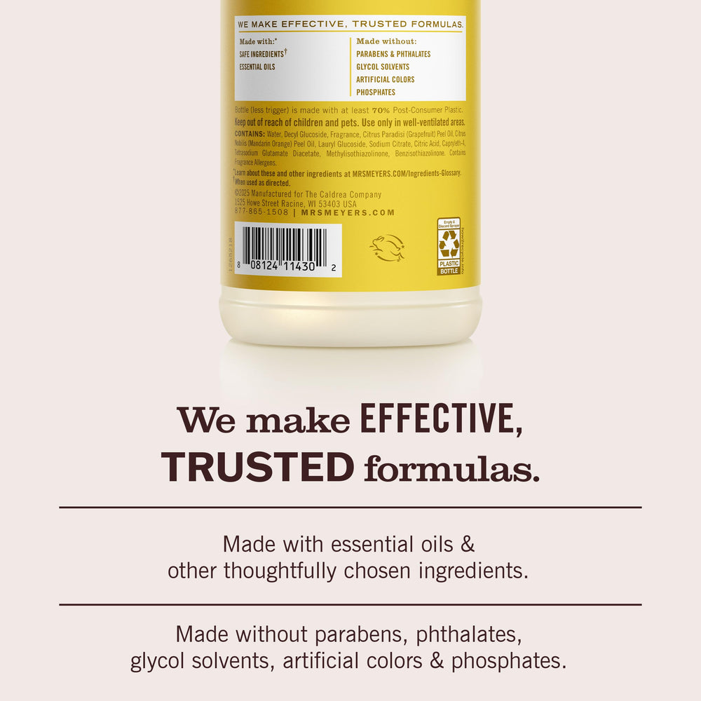 Mrs. Meyer's Daisy label closeup shows ingredients and certifications.