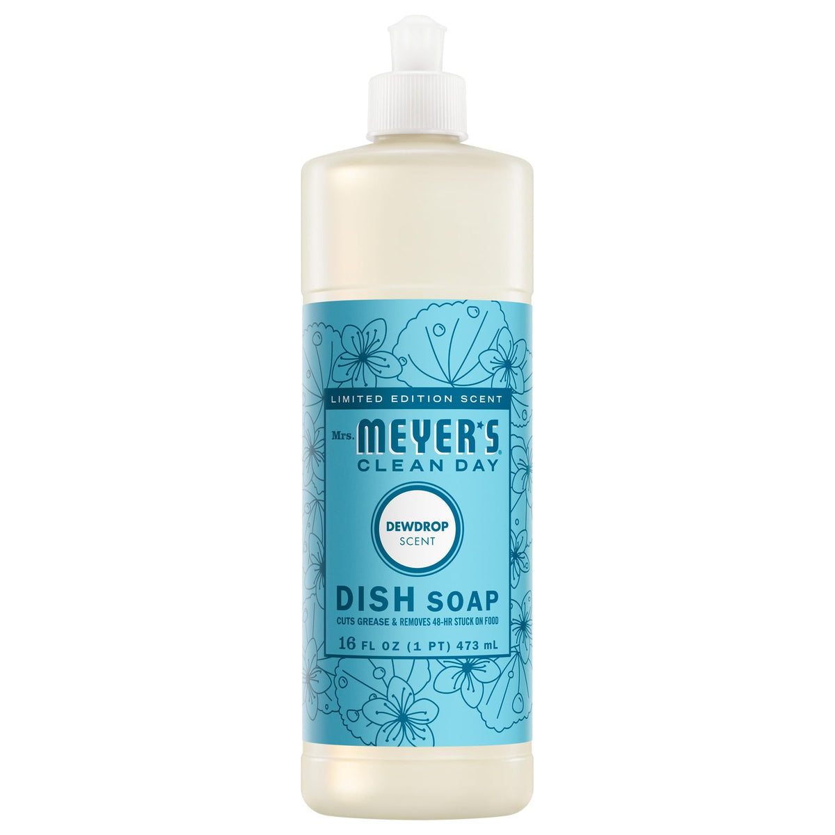Mrs. Meyer's Dewdrop dish soap bottle front shows biodegradable formula for eco-friendly cleaning.