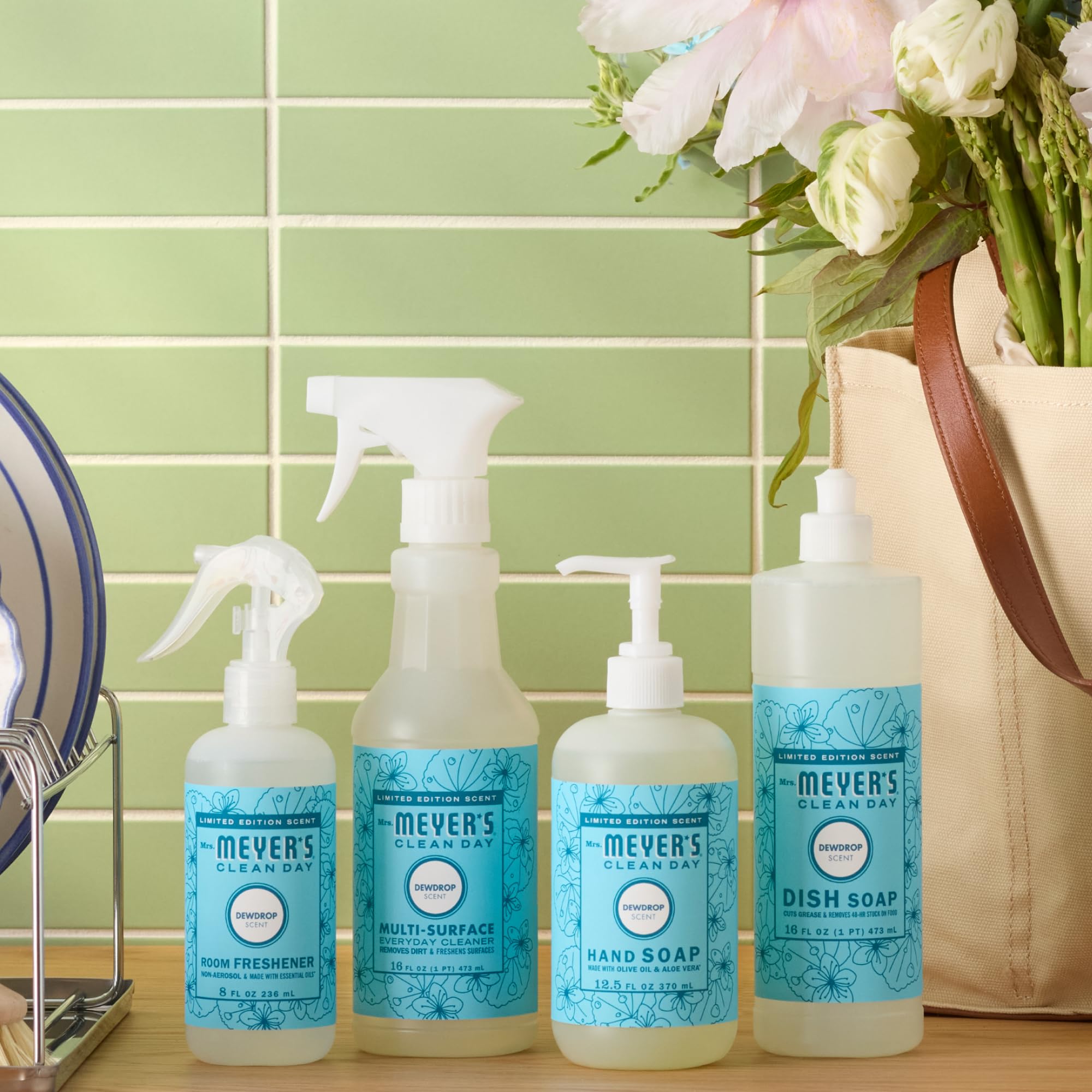Mrs. Meyer's Dewdrop bottle conveys cruelty-free, Leaping Bunny certified ethos.