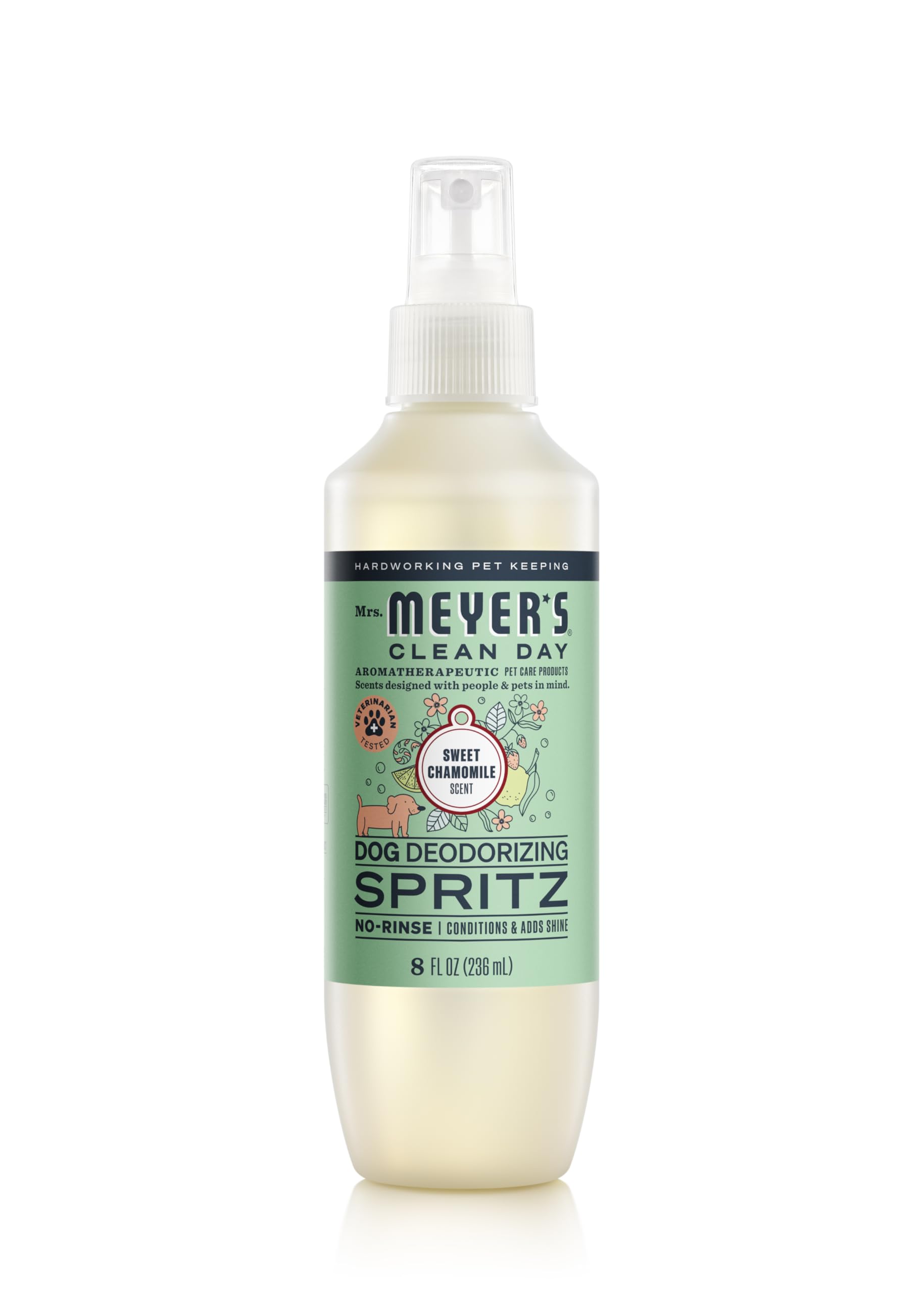 Mrs. Meyer's Dog Deodorizing Spray bottle showing Sweet Chamomile scent for quick freshening