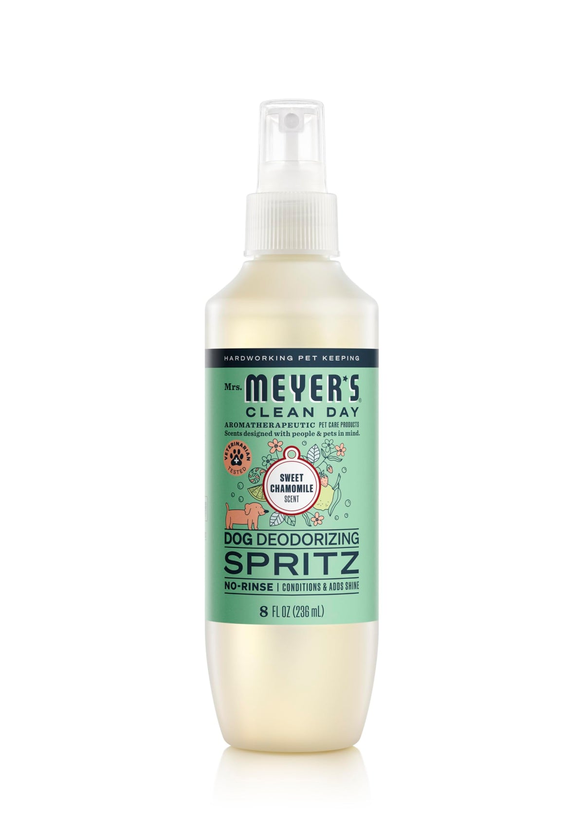 Mrs. Meyer's Dog Deodorizing Spray bottle showing Sweet Chamomile scent for quick freshening