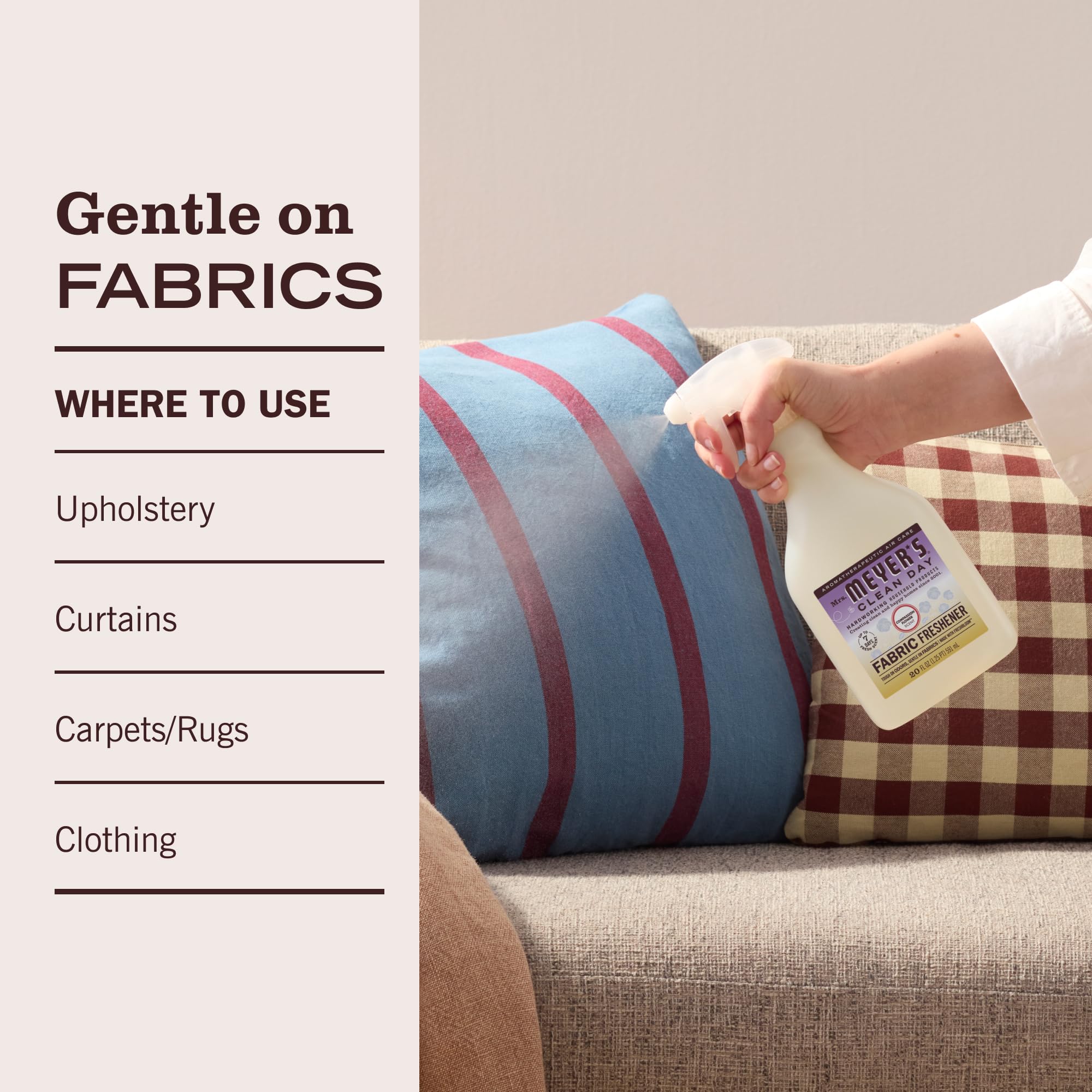 MRS. MEYER'S Fabric Freshener demonstrates use on upholstery, curtains, and clothing.