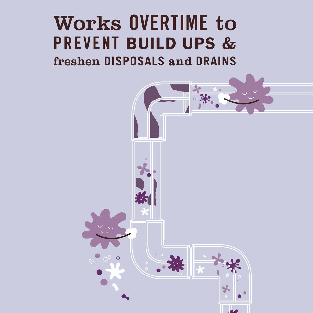 Mrs. Meyer's Probiotic Drain Maintenance Lavender drain-pipe action suggests preventive cleaning.
