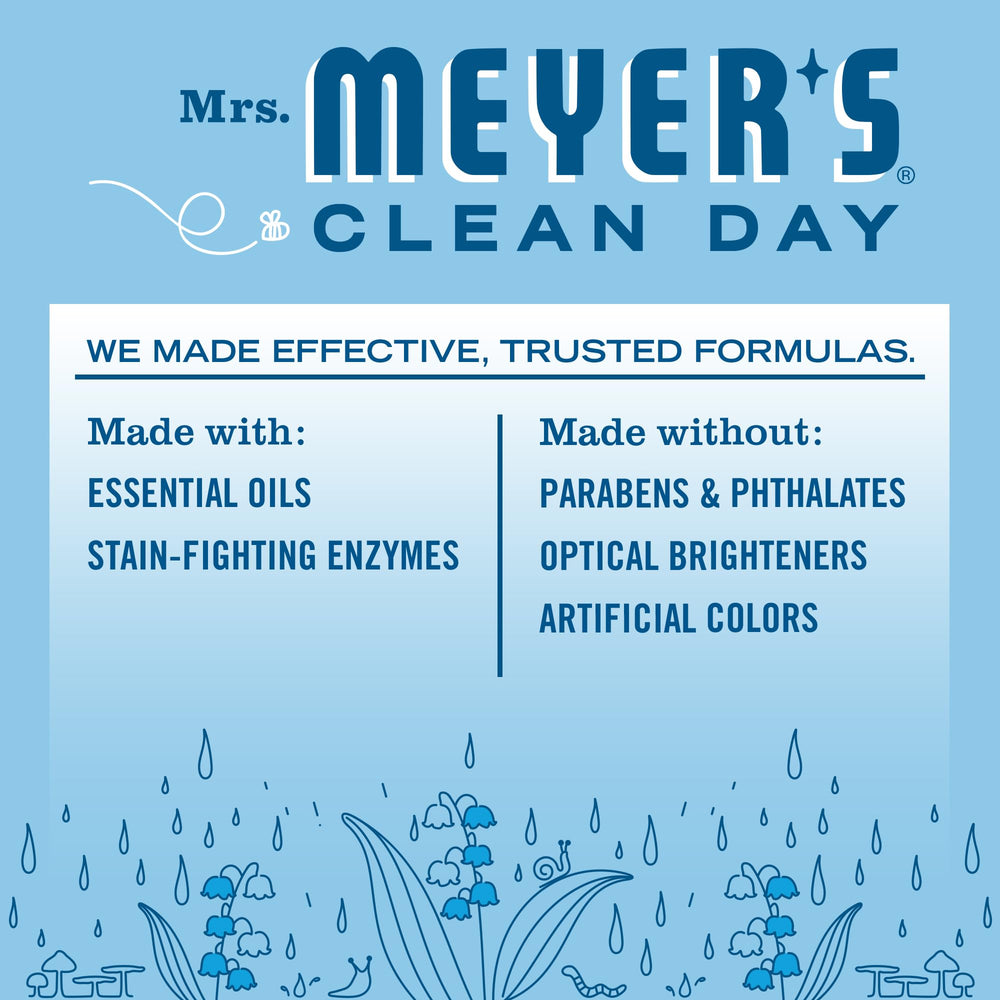 Label graphic of Mrs. Meyer's Rain Water detergent highlighting plant-based cleaning.