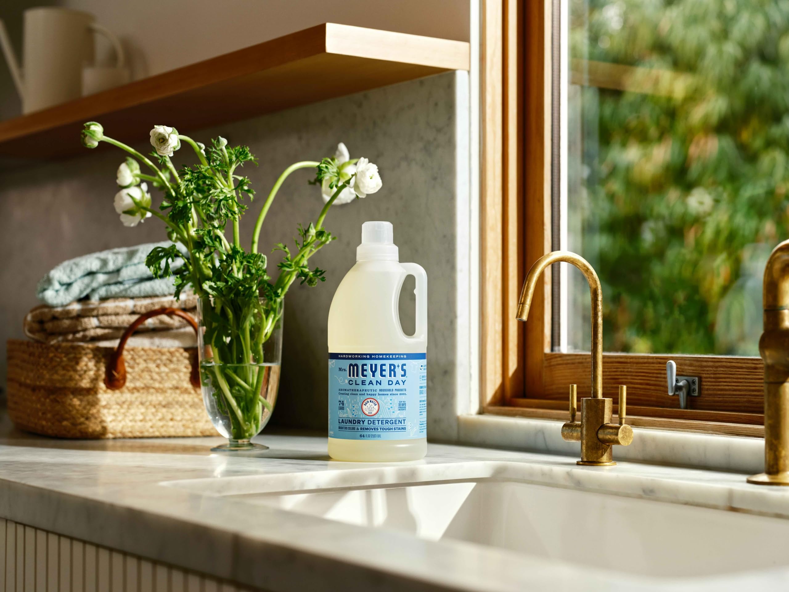 Two-pack of Mrs. Meyer's Rain Water detergent displayed for value.