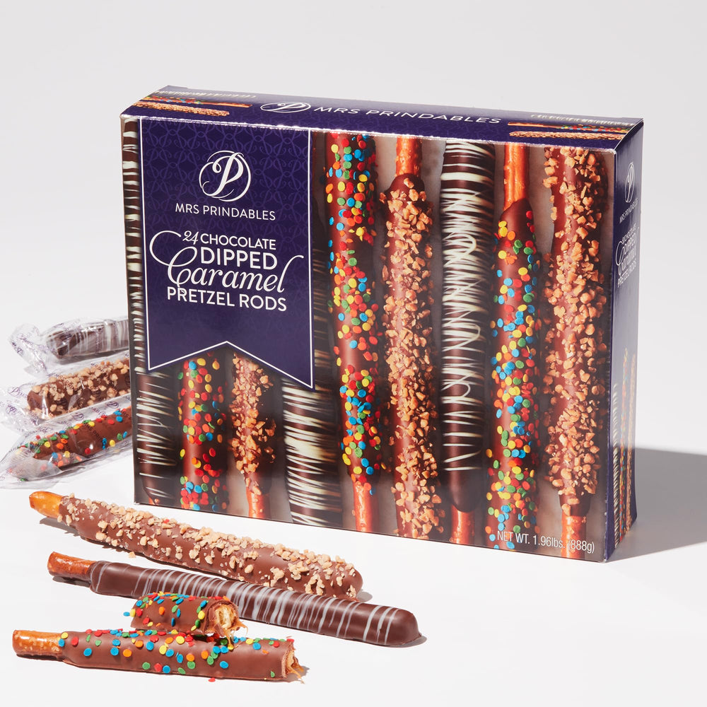 Mrs Prindables 24 chocolate-dipped caramel pretzel rods gift-ready presentation.