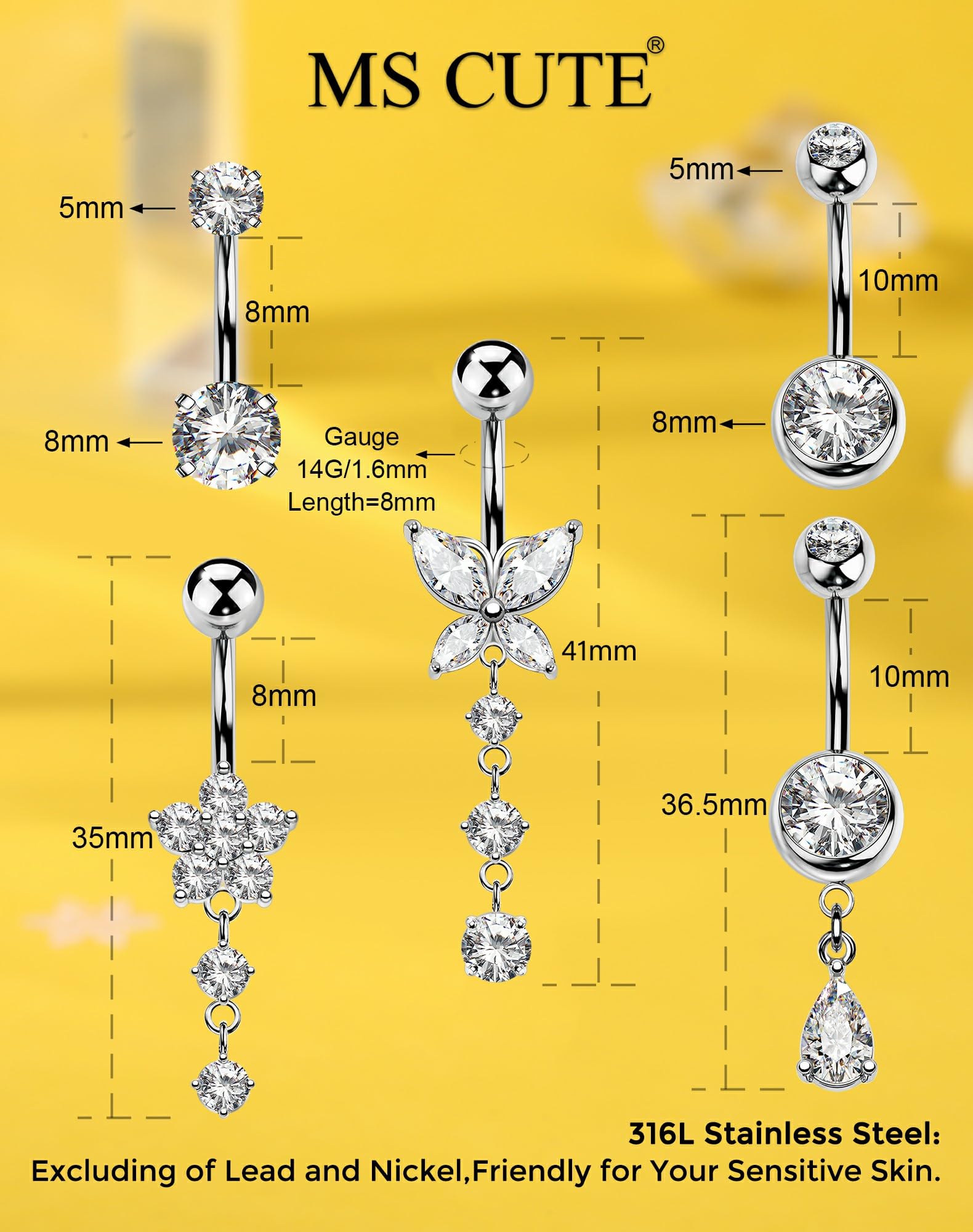 MS CUTE 8–10mm length belly ring designed for comfortable wear.