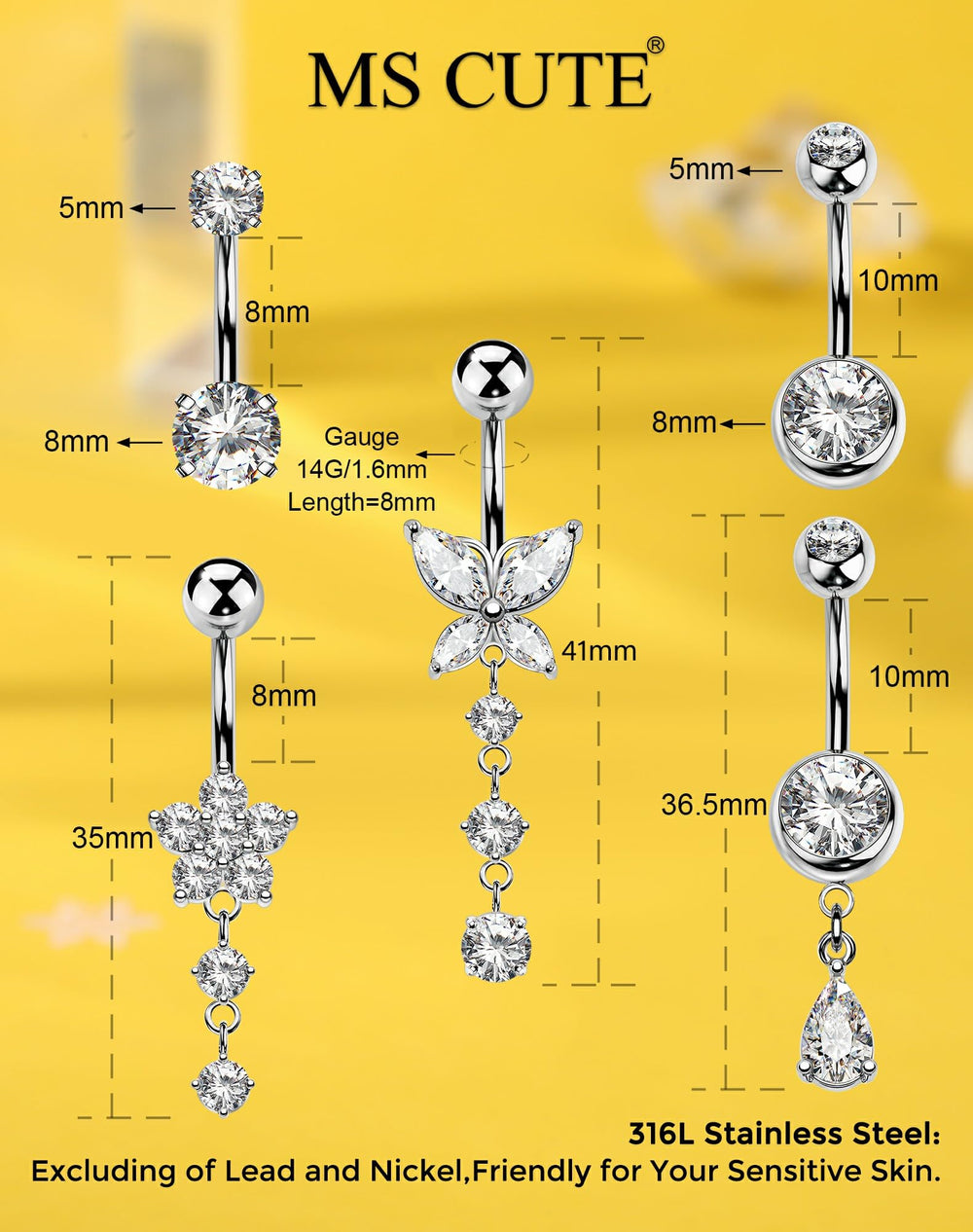 MS CUTE 8–10mm length belly ring designed for comfortable wear.