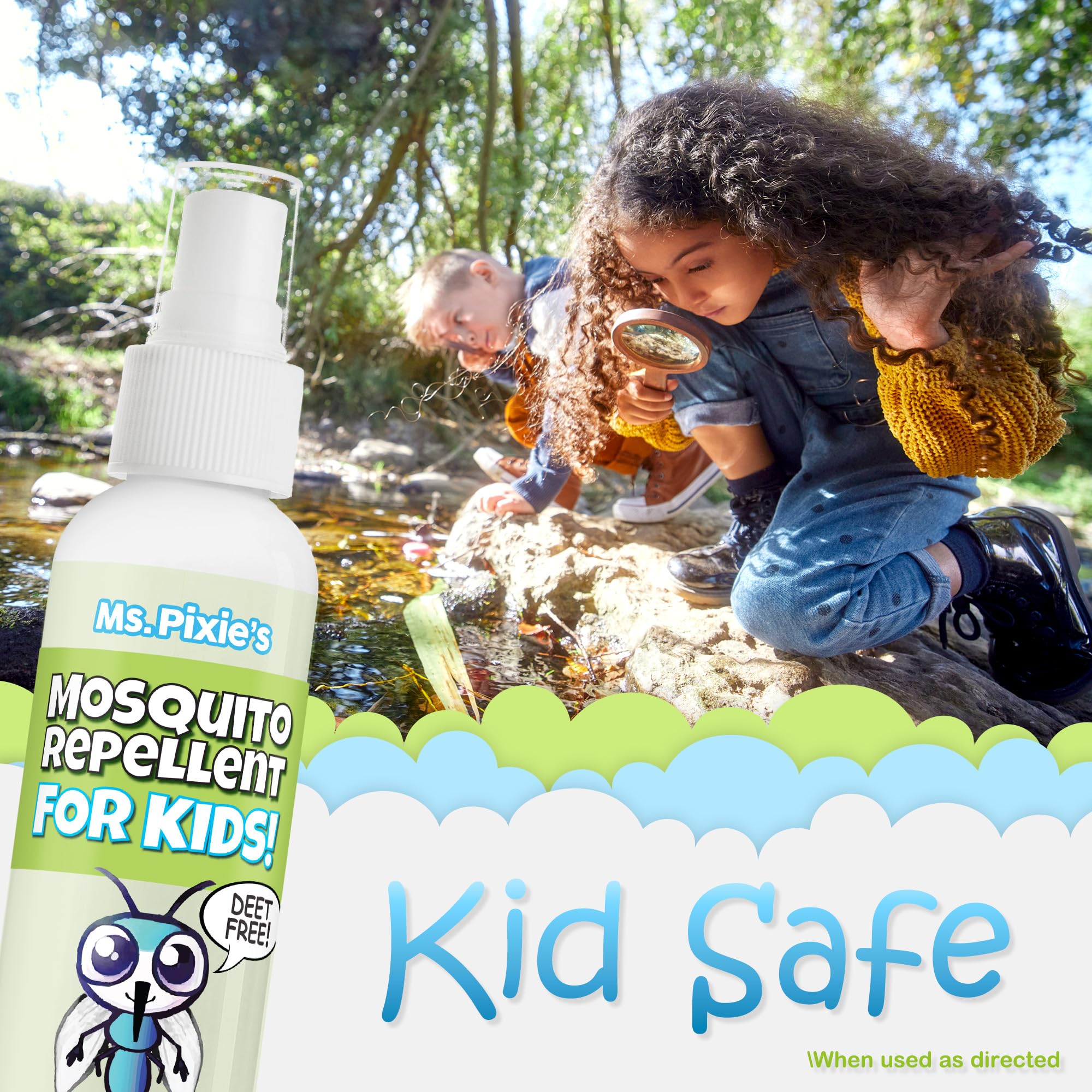 Ms. Pixie's Mosquito Repellent on an outdoor patio warding off mosquitoes.