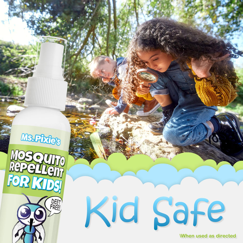 Ms. Pixie's Mosquito Repellent on an outdoor patio warding off mosquitoes.