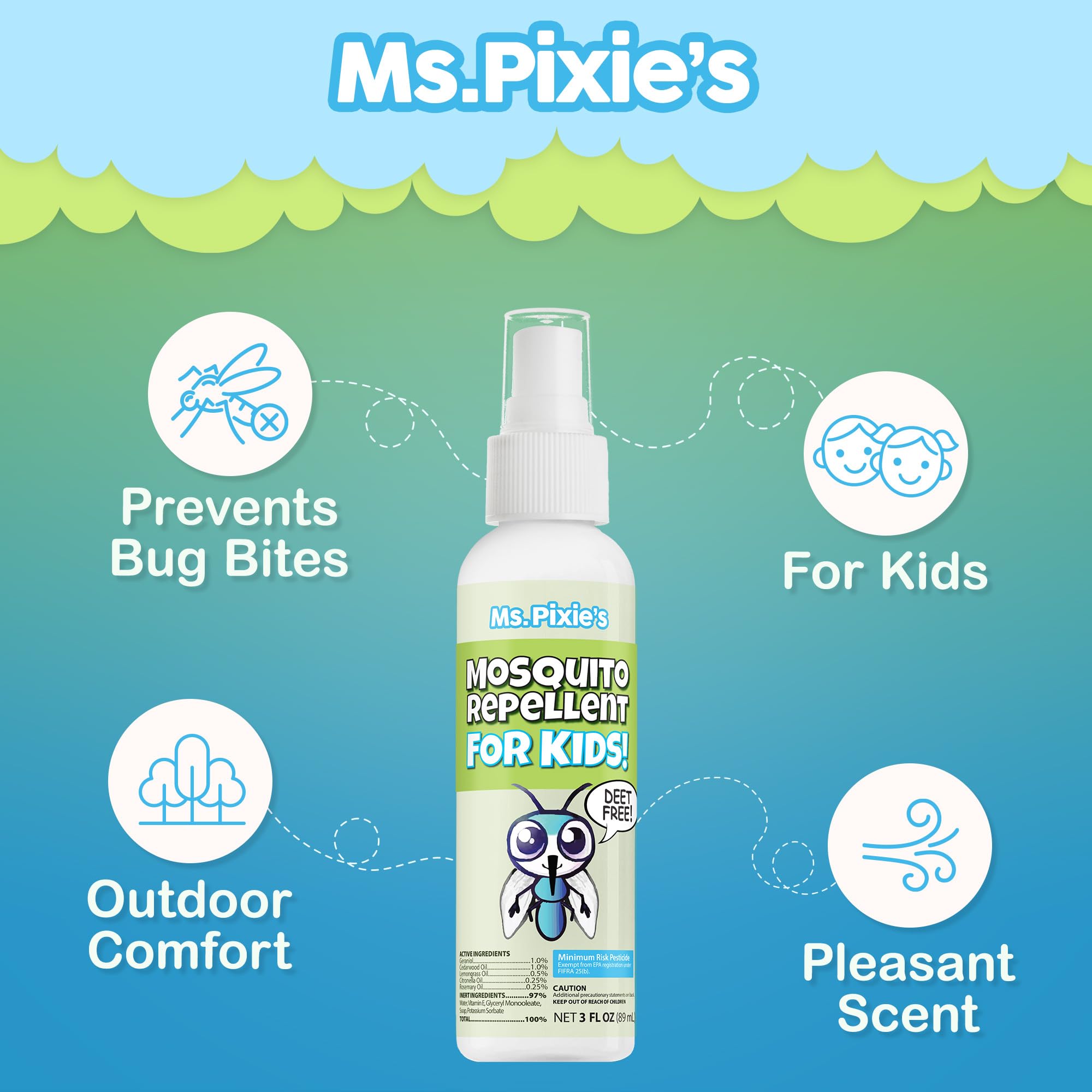 Ms. Pixie's Mosquito Repellent packaging close-up, showcasing DEET-free formula.