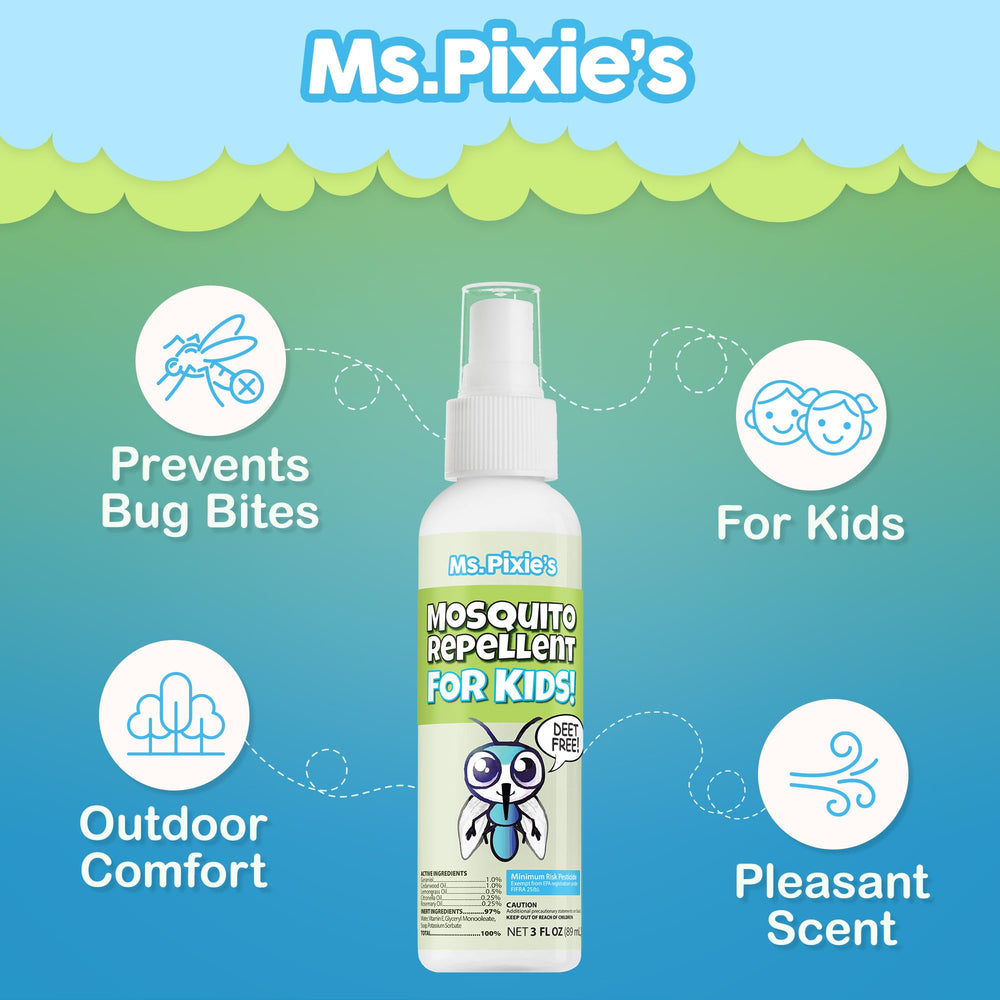 Ms. Pixie's Mosquito Repellent packaging close-up, showcasing DEET-free formula.
