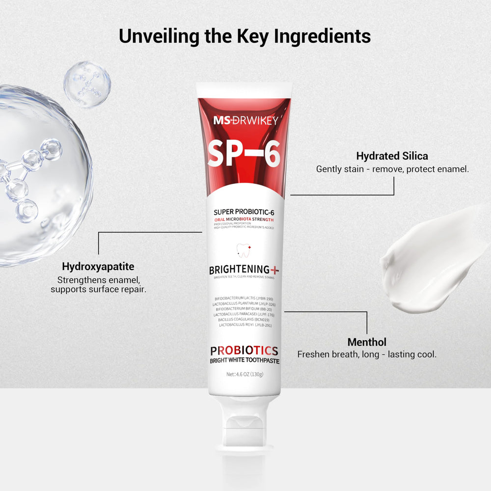 MSDRWIKEY SP-6 label detail emphasizes enamel-safe, fluoride-free benefits.