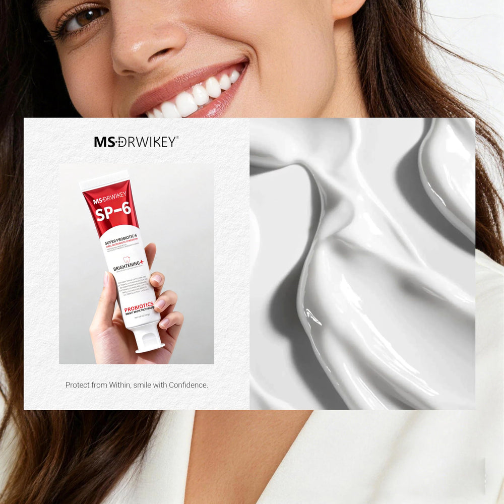 MSDRWIKEY SP-6 probiotic blend illustration highlights balanced oral microbiome.