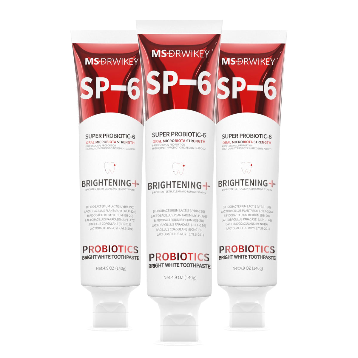 MSDRWIKEY SP-6 toothpaste front view shows enamel-safe whitening and fresh mint.