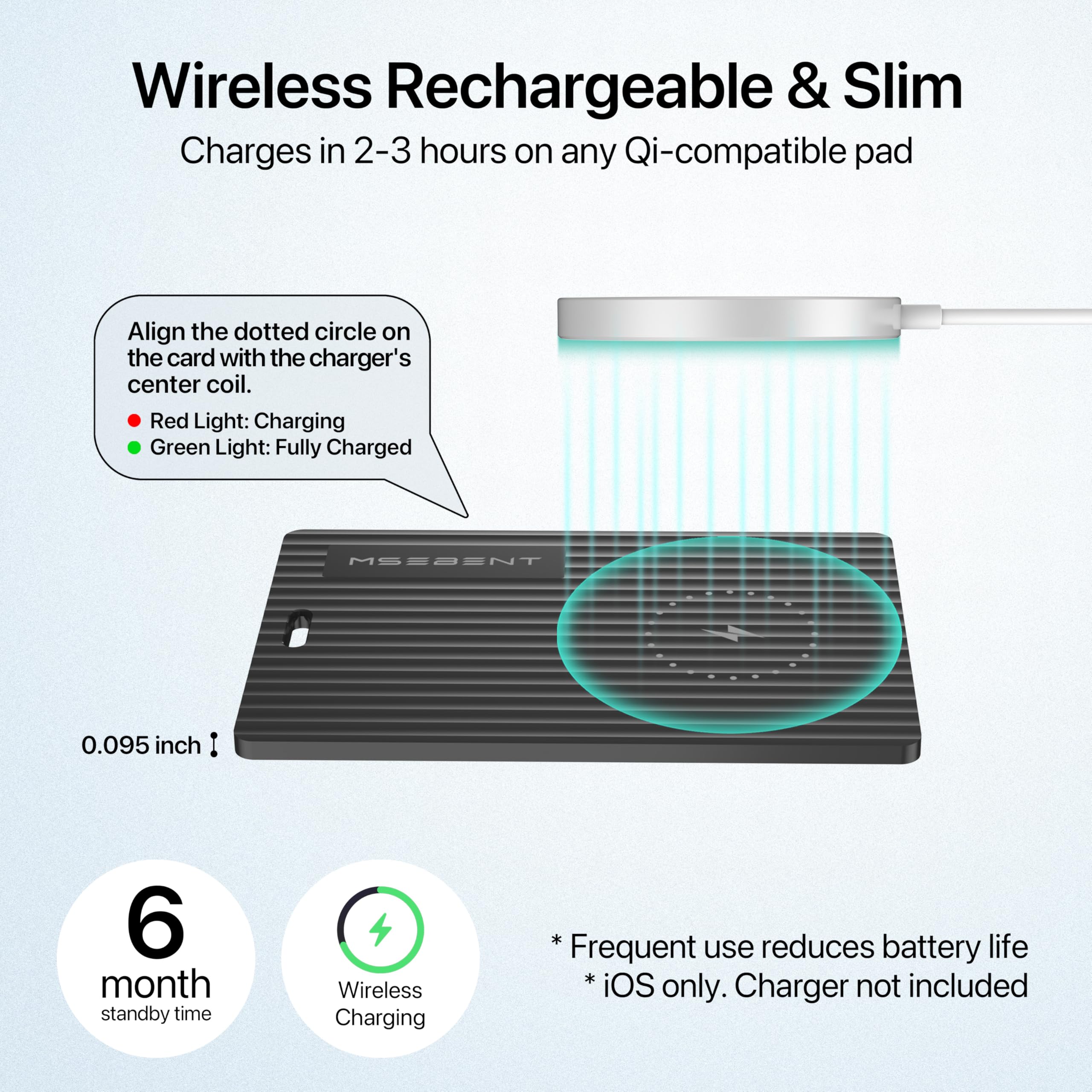 MSEBENT Slim Smart Tag Wallet Card on a wireless charger illustrating Qi charging capability.