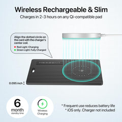 MSEBENT Slim Smart Tag Wallet Card on a wireless charger illustrating Qi charging capability.