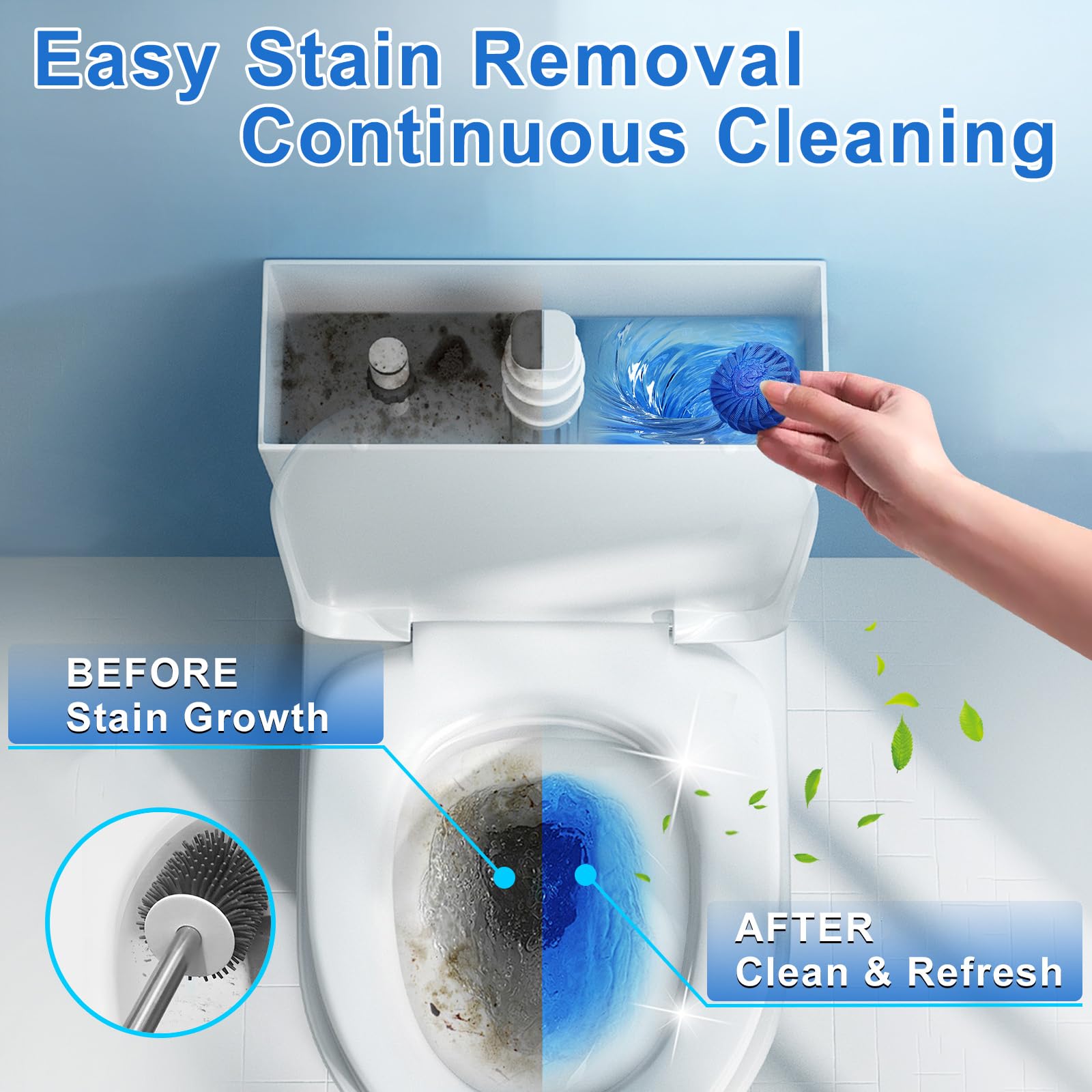 Msvvko blue water tint after flush demonstrates water color boost and stain prevention.
