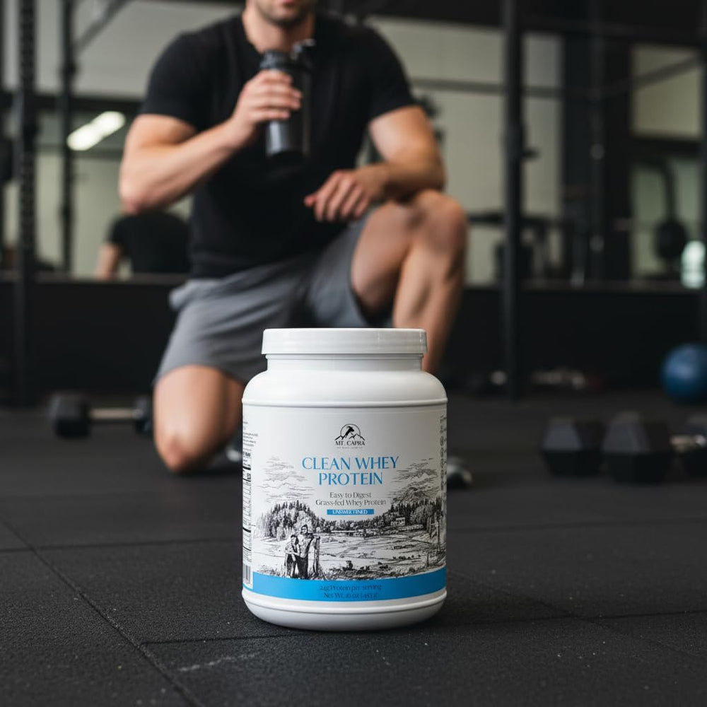 Mt. Capra Clean Whey grass-fed farm background highlighting ethical sourcing.