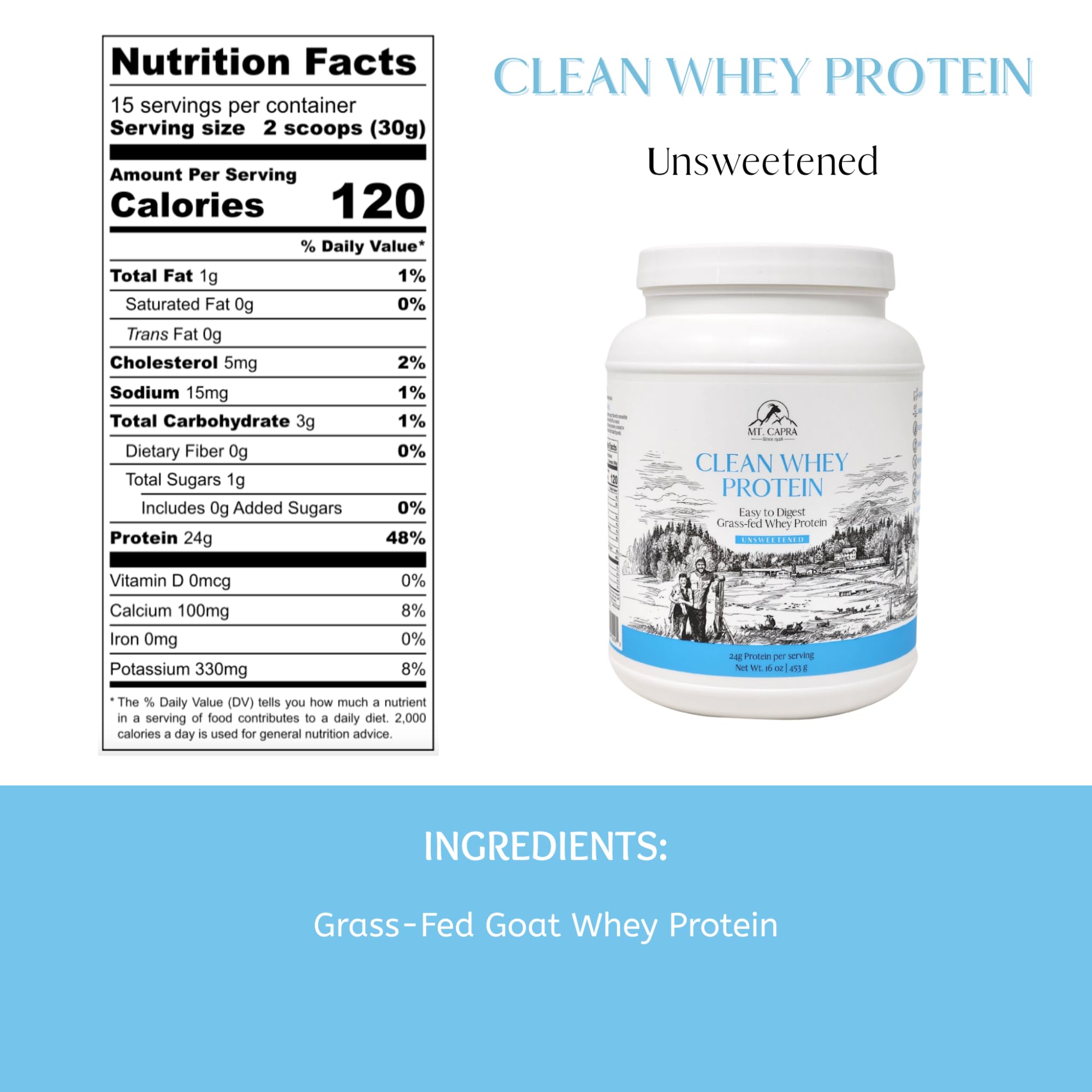 Mt. Capra Clean Whey powder scoop highlighting 24 g protein per serving.