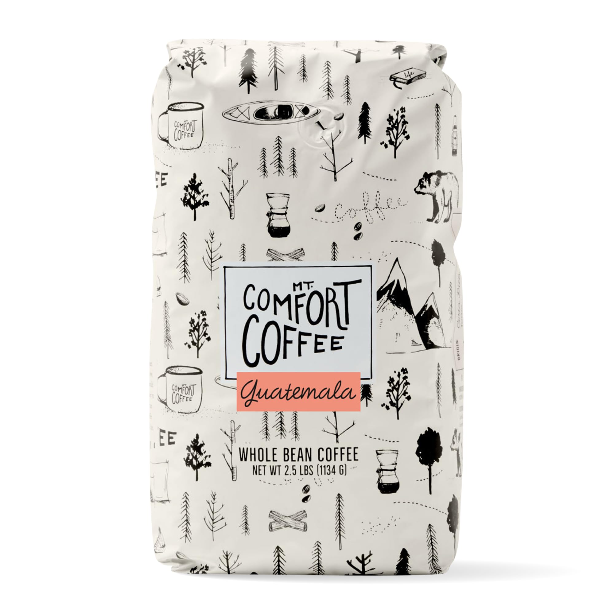 Mt. Comfort Coffee Guatemala medium roast whole beans in a 2.5 lb bag for fresh aromatics.