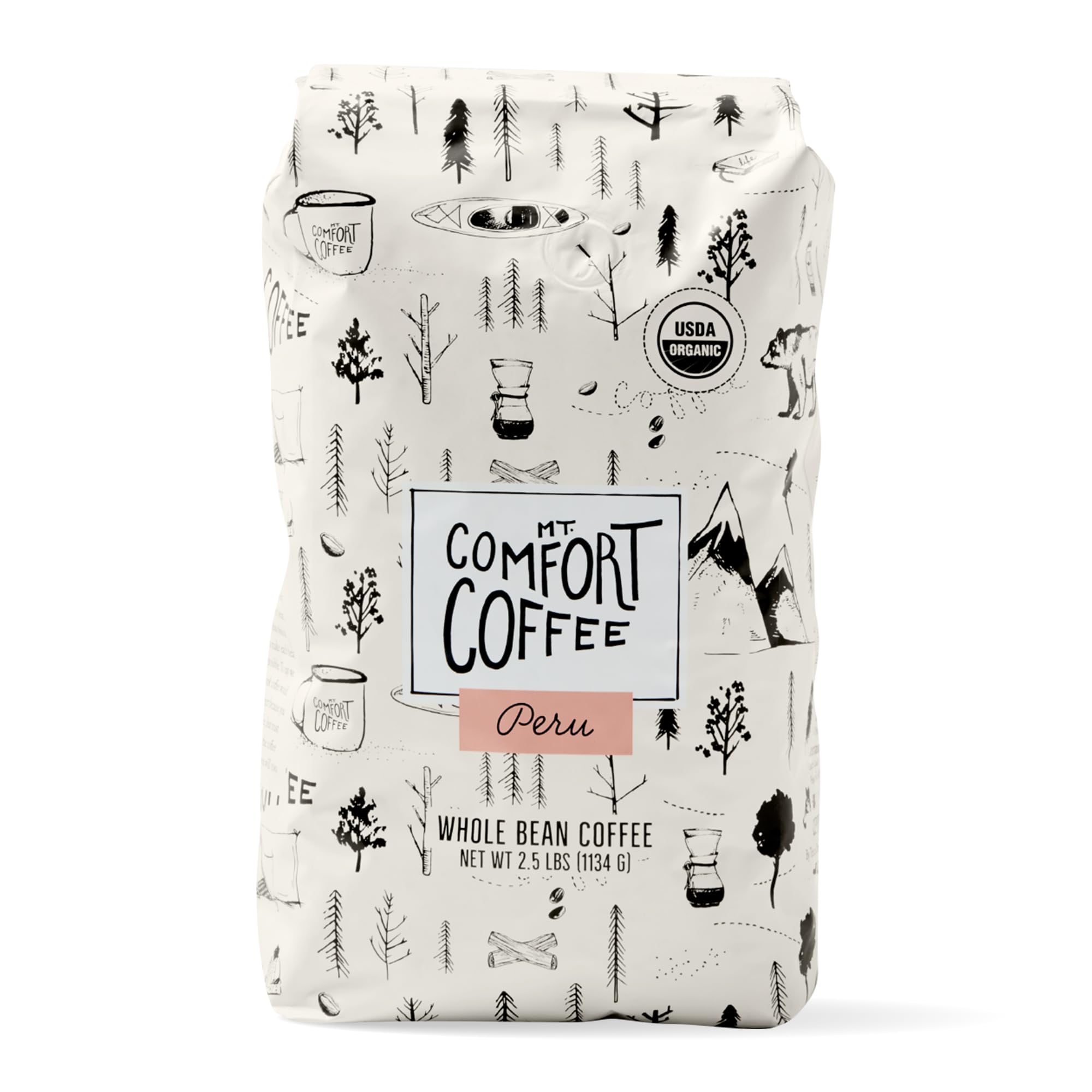 Mt. Comfort Coffee Organic Peru Medium Roast bag front view, premium single-origin packaging
