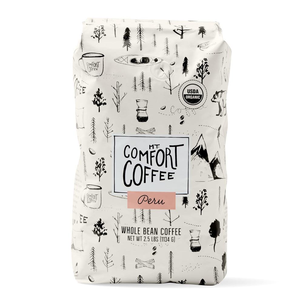 Mt. Comfort Coffee Organic Peru Medium Roast bag front view, premium single-origin packaging