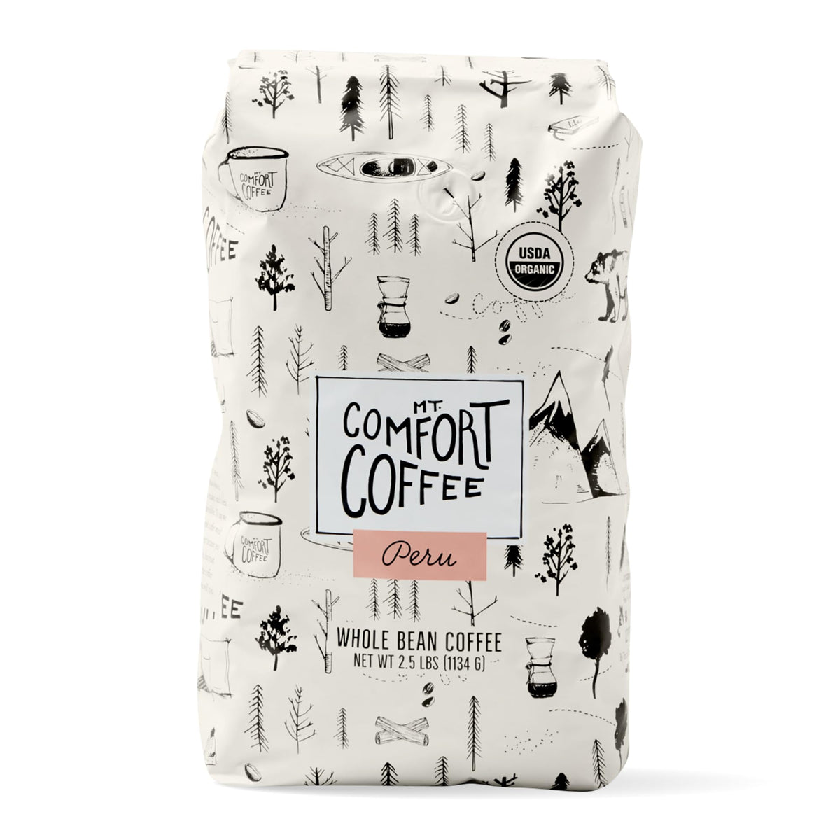 Mt. Comfort Coffee Organic Peru Medium Roast bag front view, premium single-origin packaging