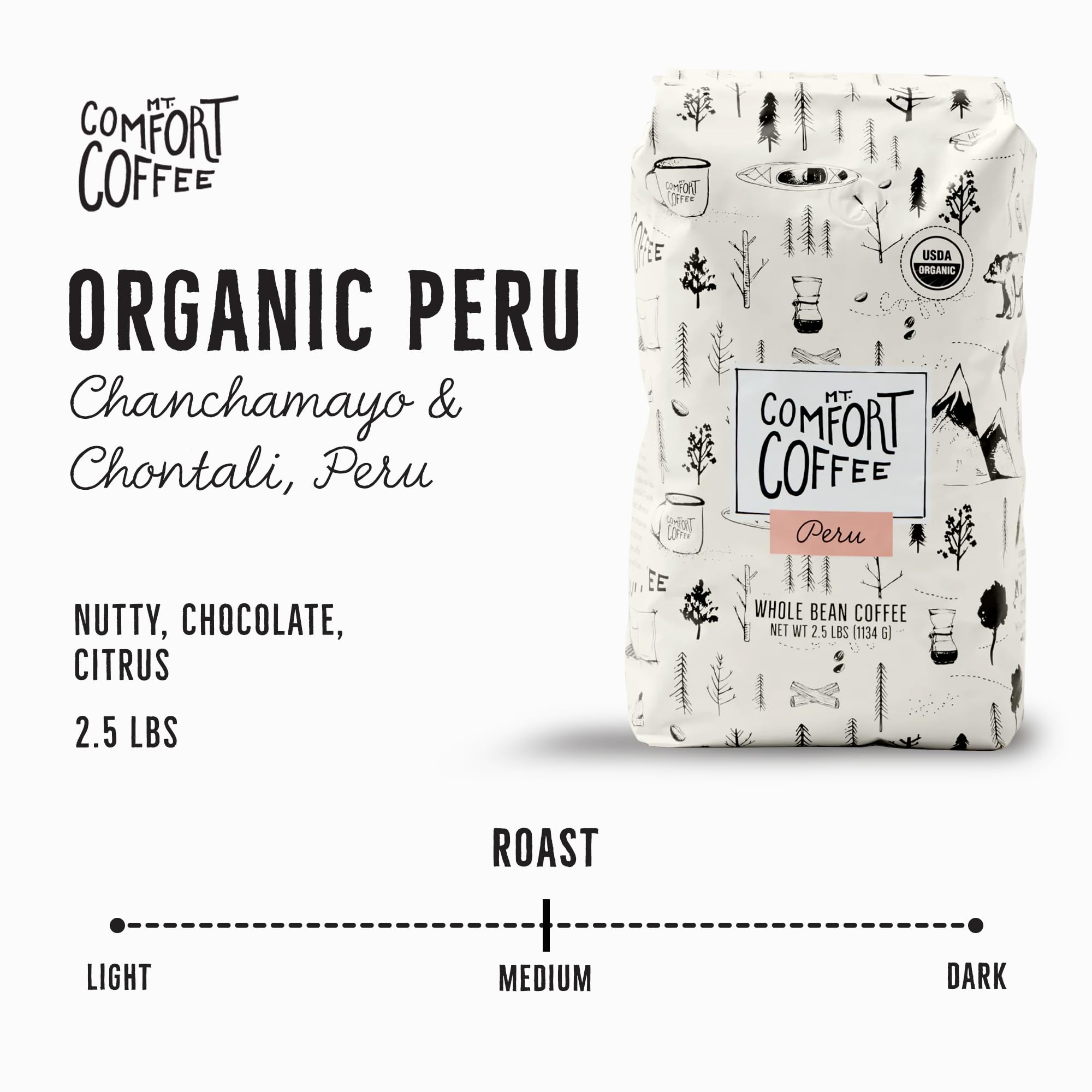 Mt. Comfort Coffee Organic Peru Medium Roast coffee beans closeup with rich aroma