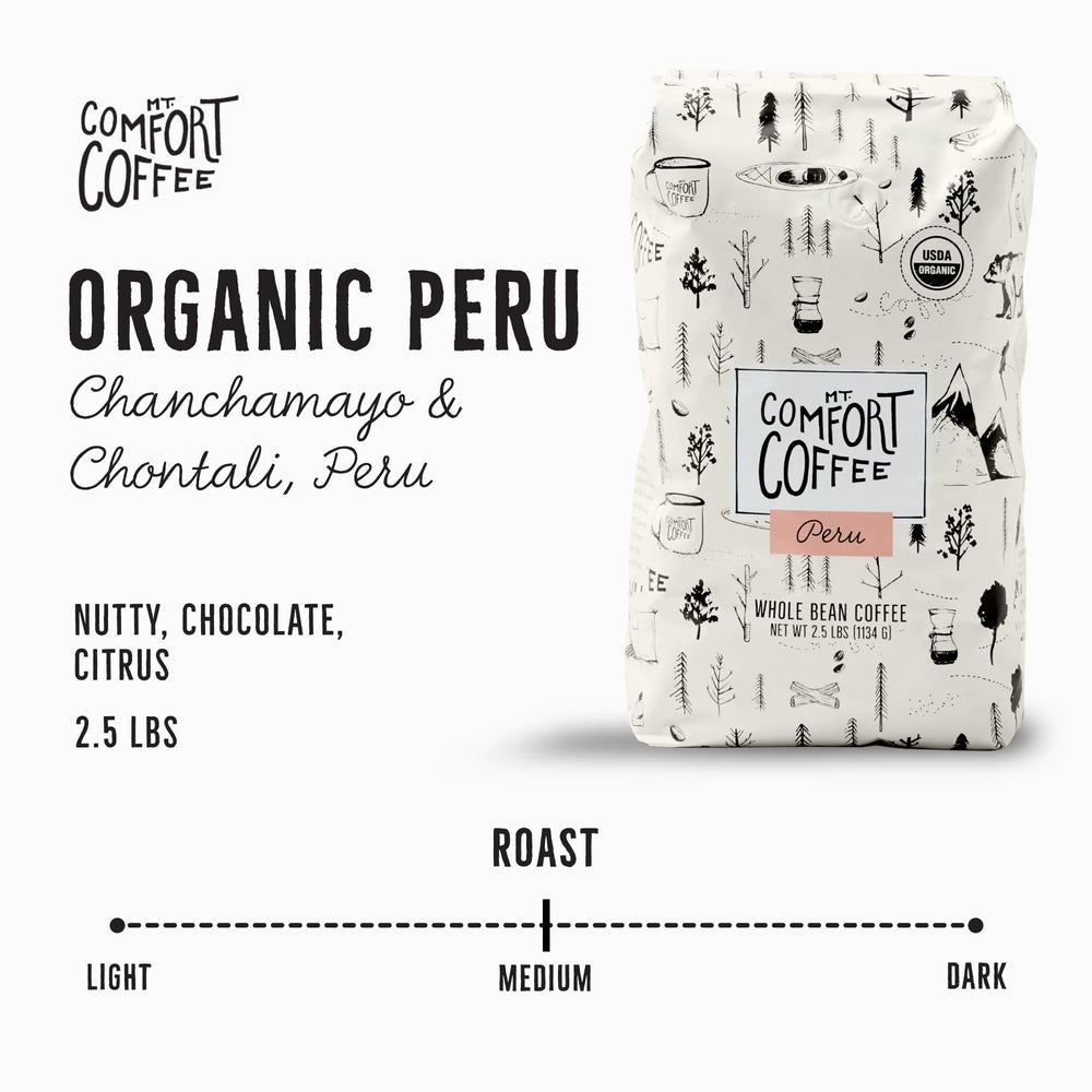 Mt. Comfort Coffee Organic Peru Medium Roast coffee beans closeup with rich aroma