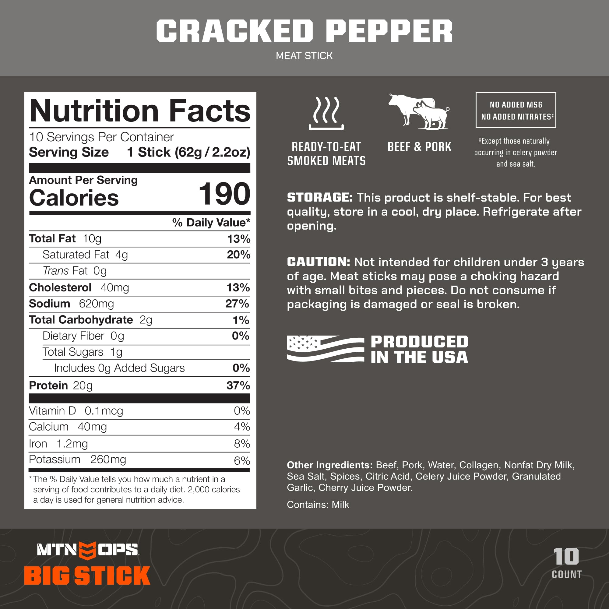 MTN OPS Big Stick cracked pepper in hand, portable protein snack.