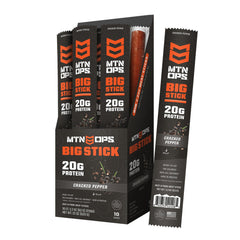 MTN OPS Big Stick cracked pepper packaging for on-the-go high-protein fueling.