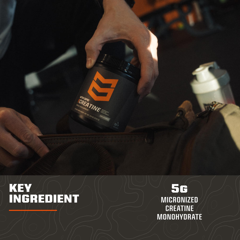 MTN OPS creatine powder pouring into glass easy to mix in drinks