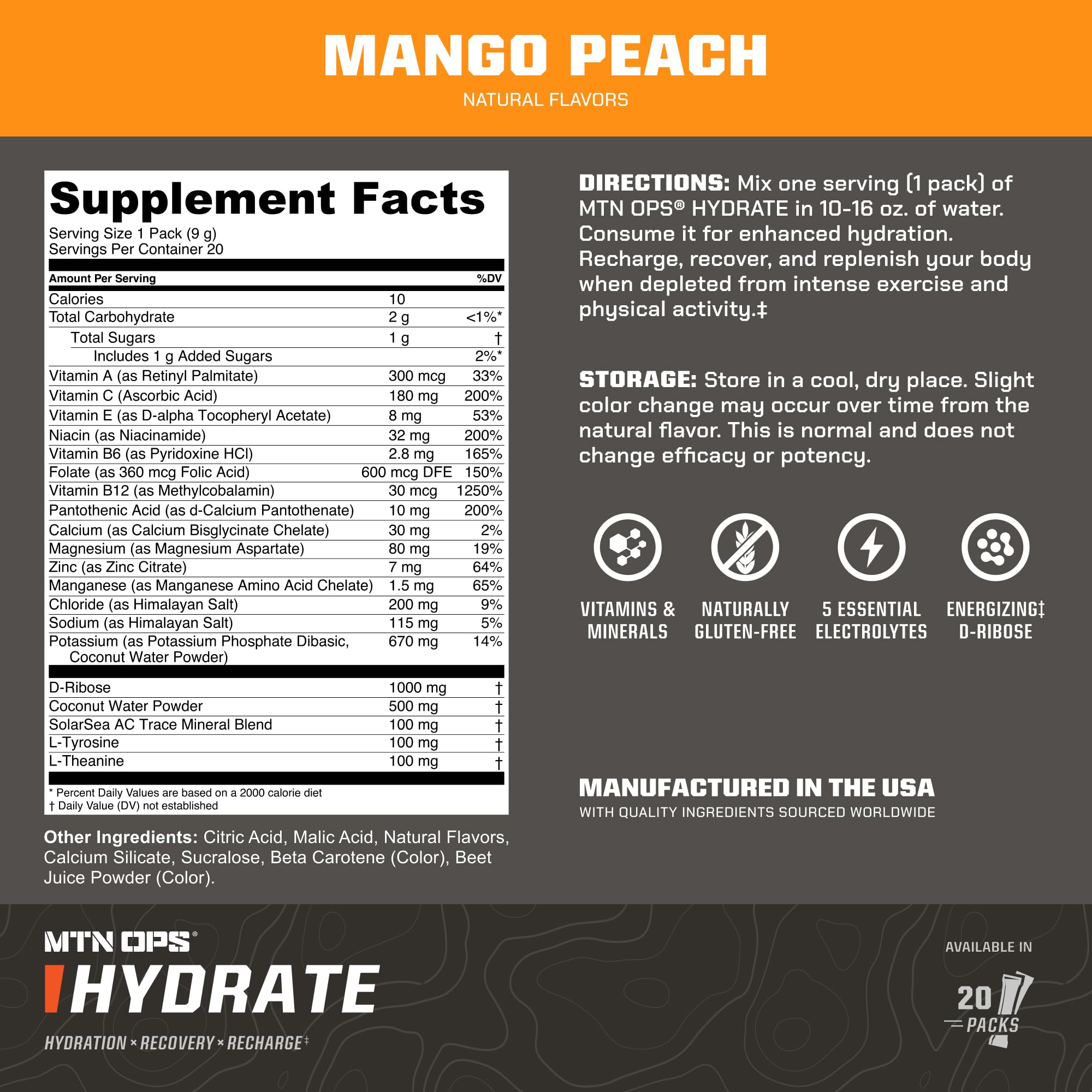 MTN OPS Hydrate dissolving in water creates a refreshing mango peach drink