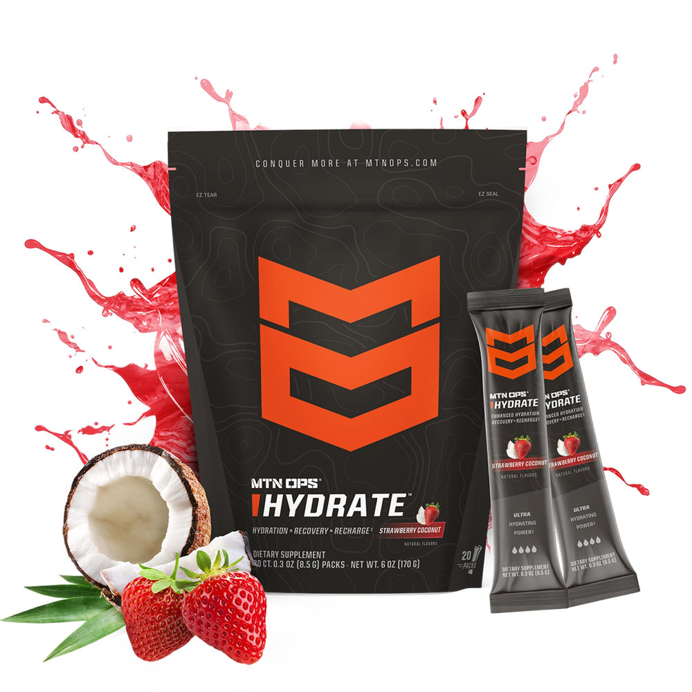On-the-go MTN OPS Hydrate packs for convenient electrolyte hydration during workouts.