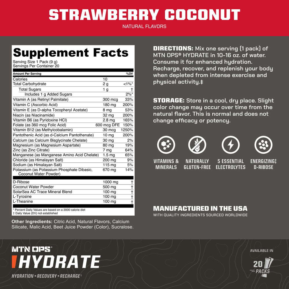 MTN OPS Hydrate powder dissolving in water for fast electrolyte replenishment.