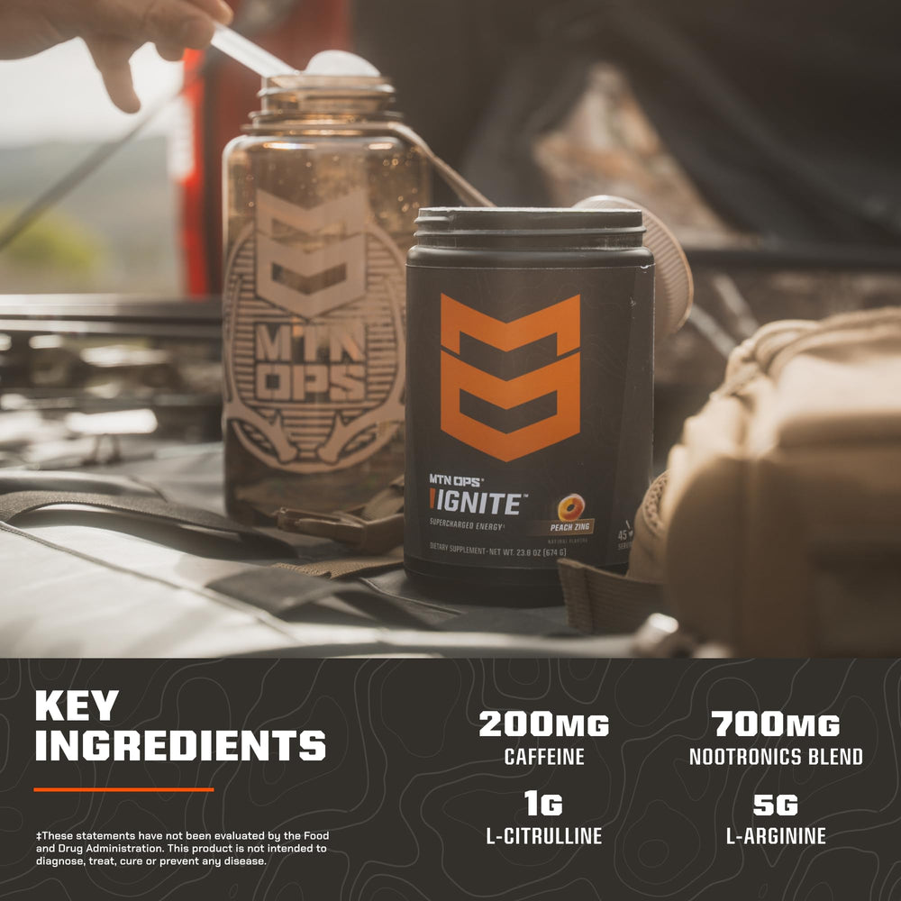 MTN OPS Ignite label closeup highlighting caffeine and sugar-free formula