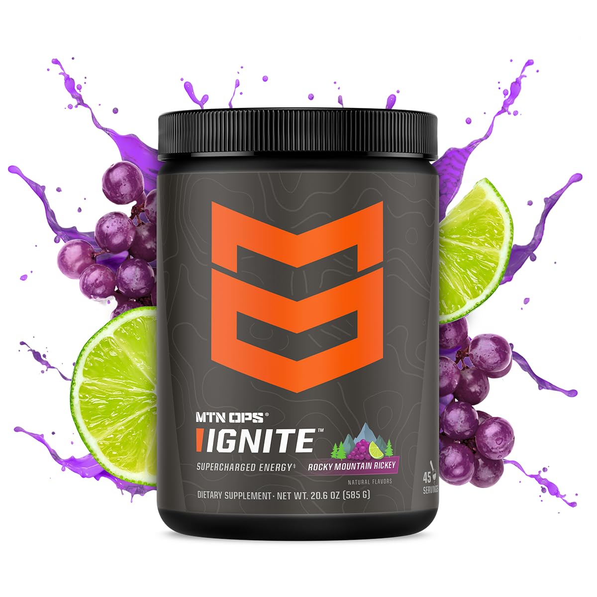 MTN OPS Ignite tub front showing gluten-free nootropic blend