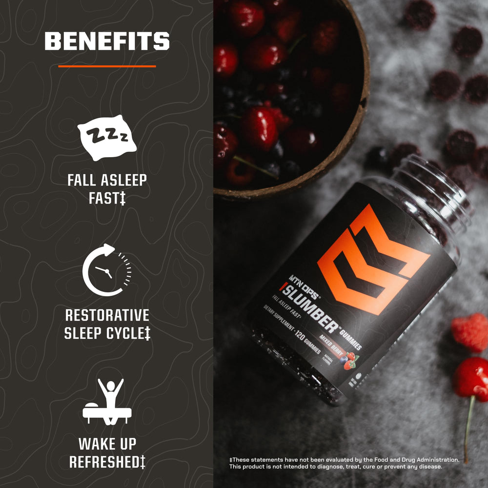 MTN OPS Slumber Gummies mixed berry flavor suggesting tasty sleep support.