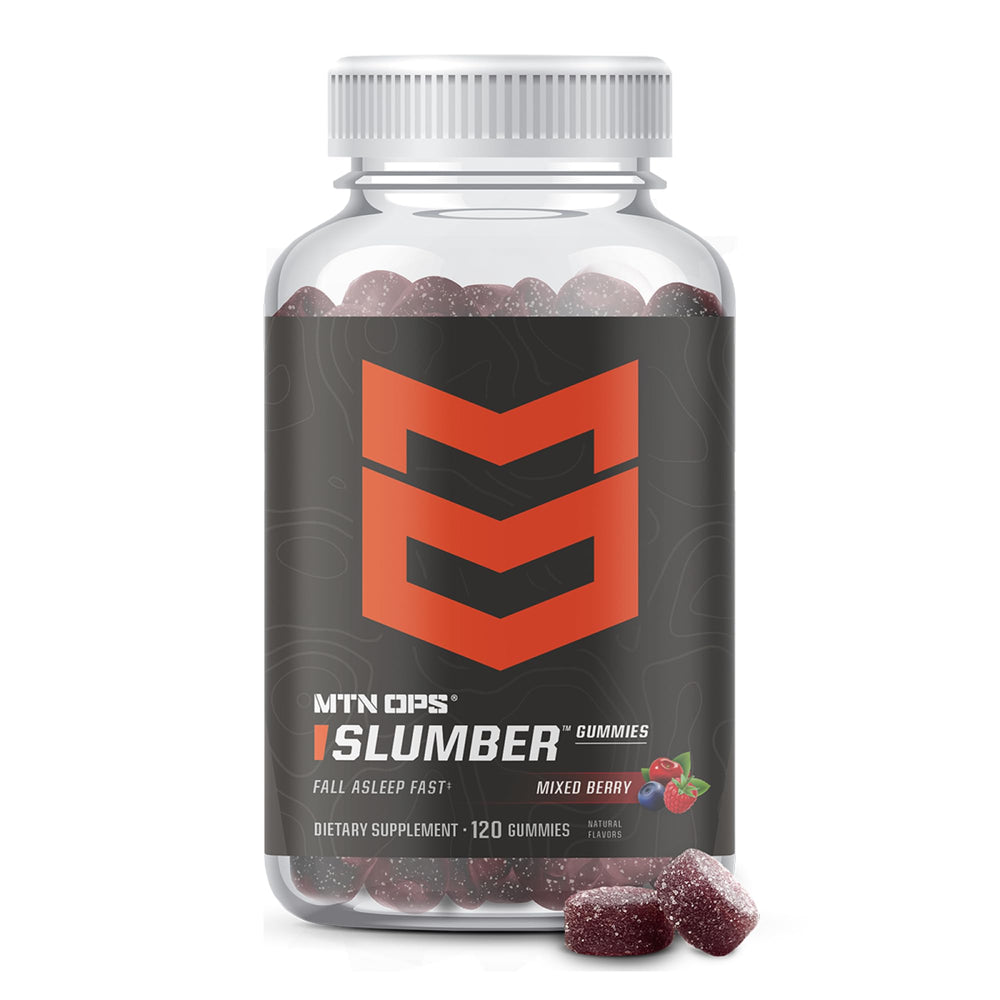 MTN OPS Slumber Gummies bottle showing convenient nightly sleep support.